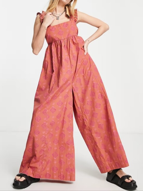 Free People Pants - FREE PEOPLE Katya Rose Print Ruffle Strap Empire Waist Wide Leg Jumpsuit Size XS